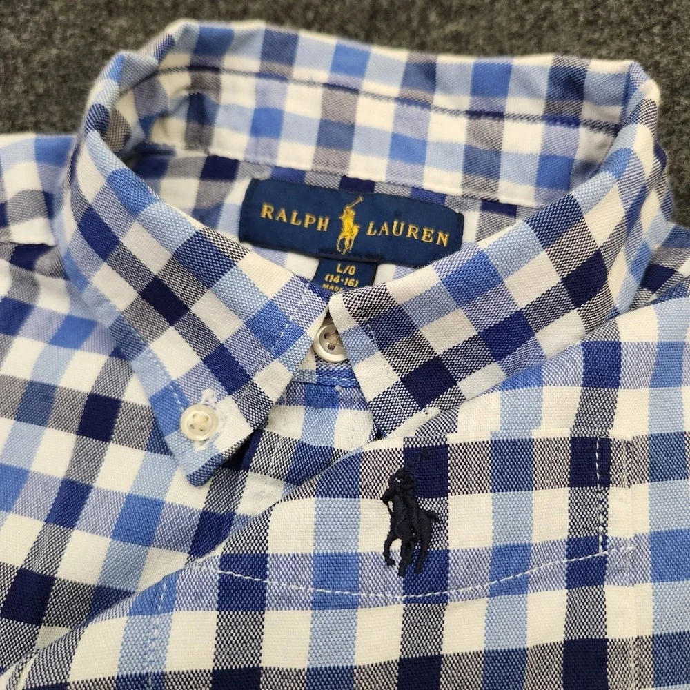 Ralph Lauren Boys Large 14-16 Blue Check Button Down Shirt Cotton Blend‎ Stretch